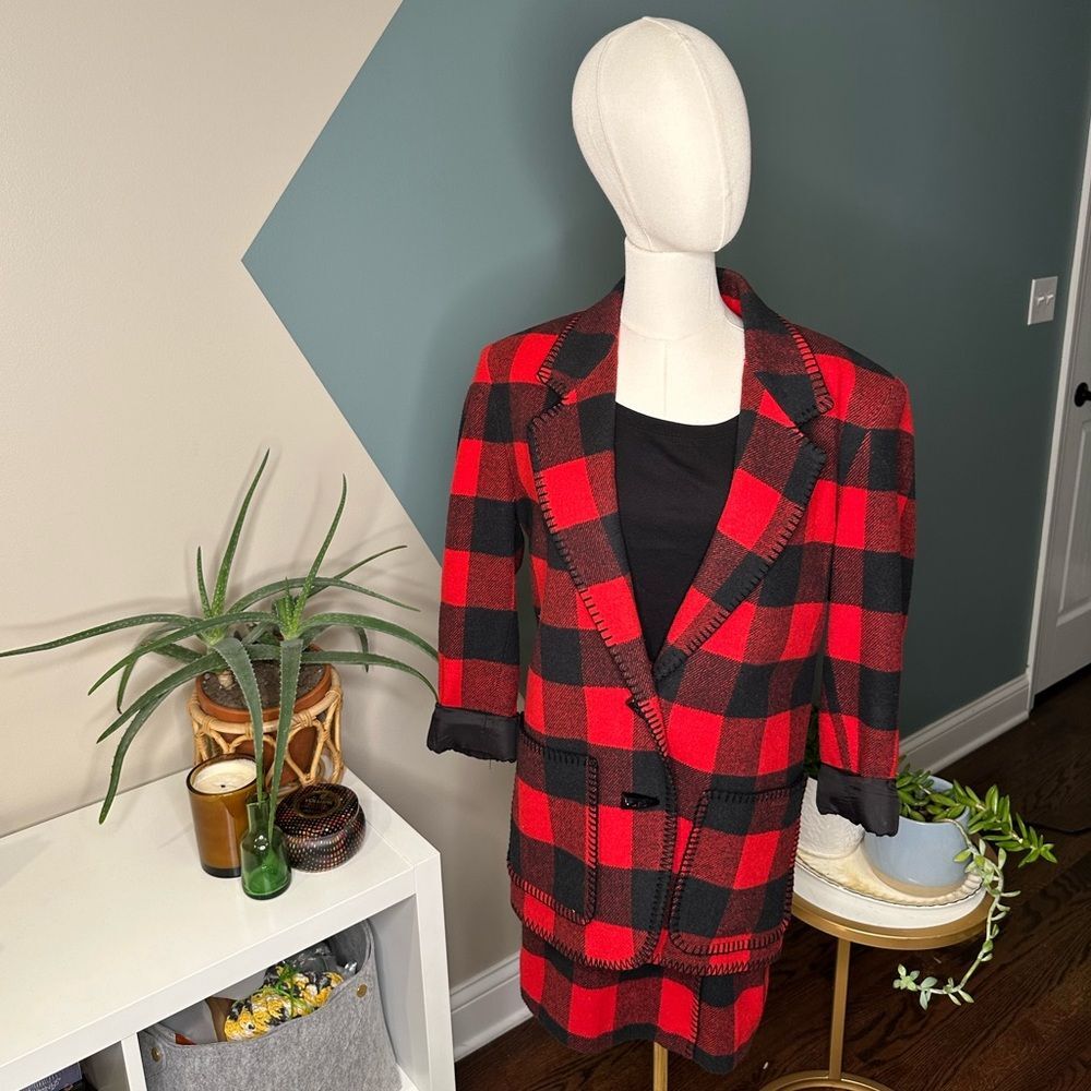 Vintage 90s Buffalo Plaid Wool Blend Skirt Suit Matching Set Ninety Made in USA